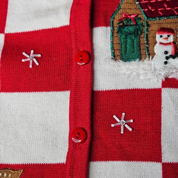 Dress Barn Embellished Red & White Checkered Ugly Christmas Cardigan Sweater - Picture 6 of 12